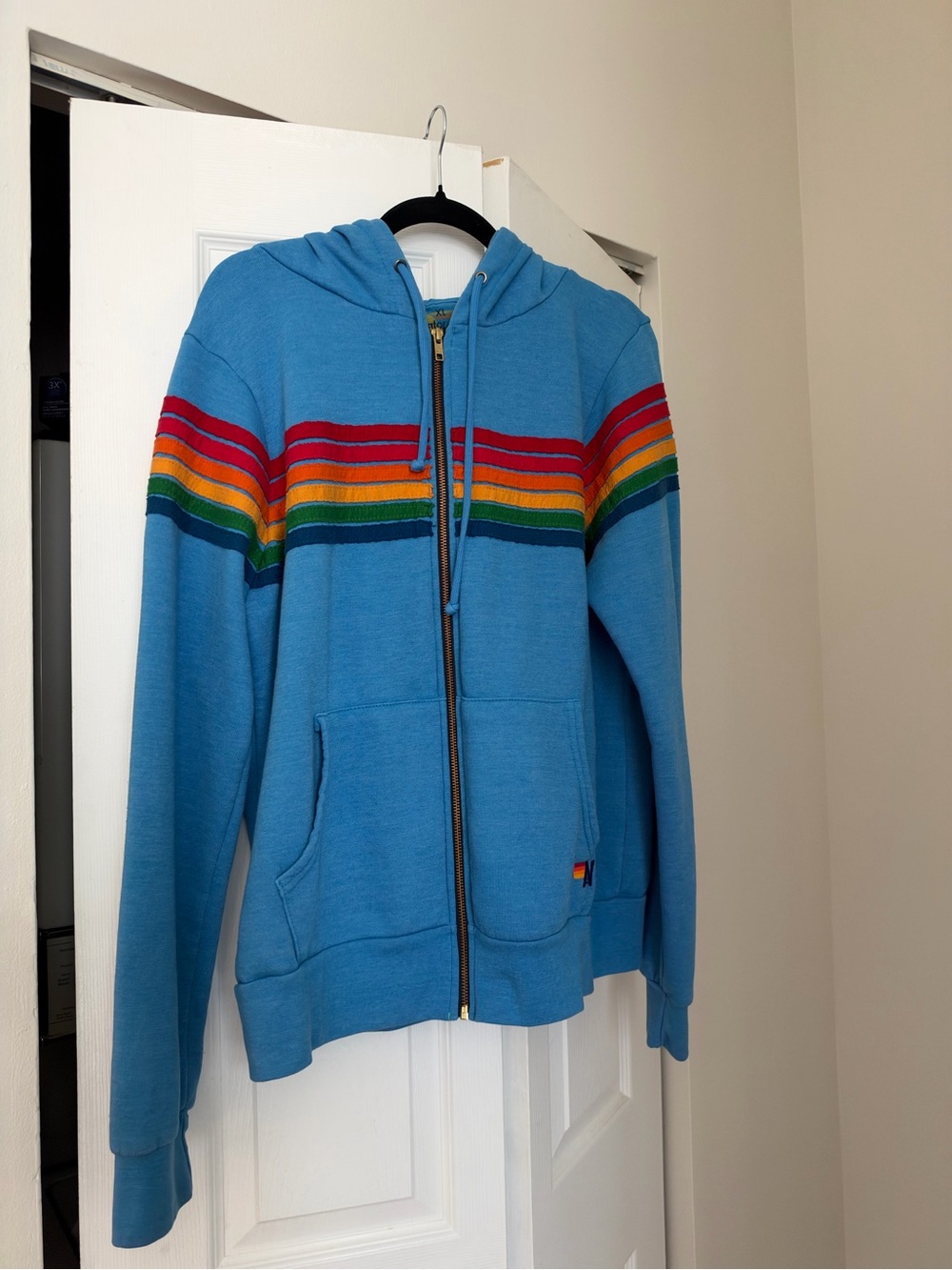 Men’s Blue Zip-Up Hoodie with Rainbow Stripe Aviator Nation